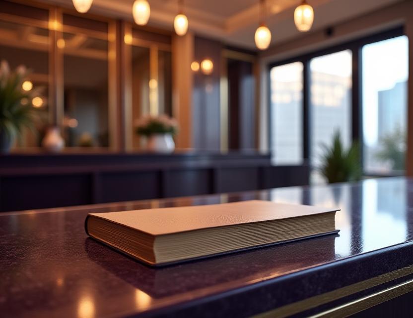 Luxury hotel concierge desk with paperwork